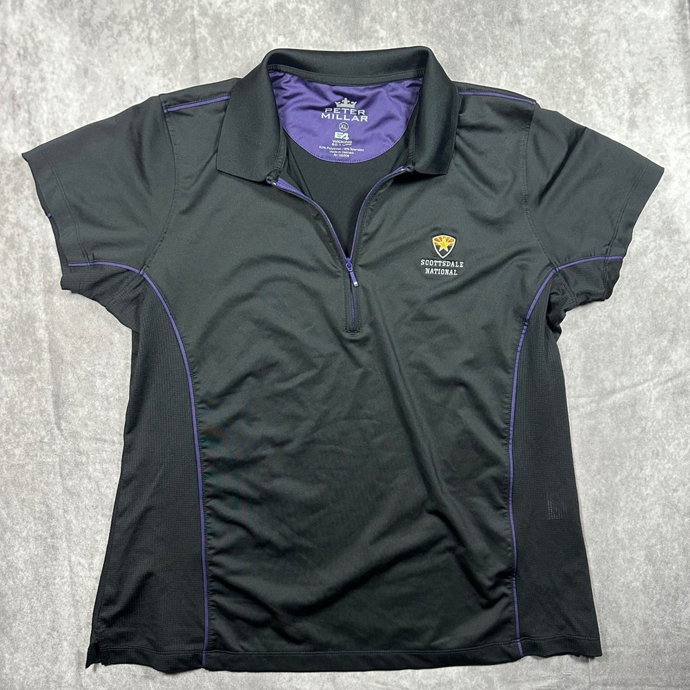 Peter Millar Scottsdale National Women XL Black Purple Golf Polo Shirt E4 UPF 50